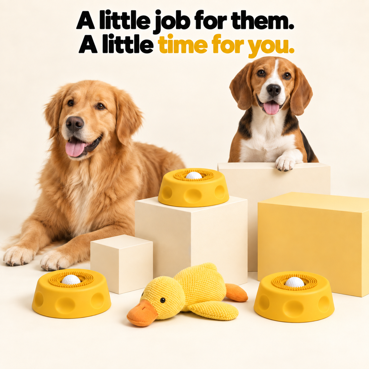 TheraPaw dog enrichment bowl with Golden Retriever and feeding accessories