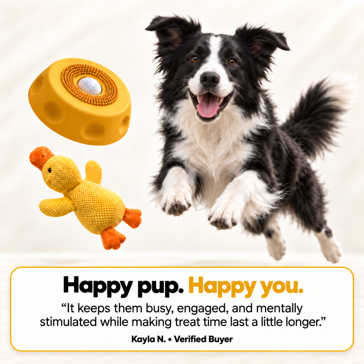 Dog with TheraPaw yellow enrichment bowl customer review