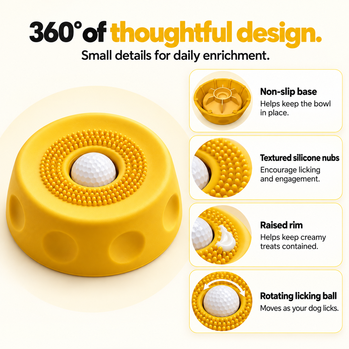 TheraPaw yellow silicone dog enrichment bowl design and features