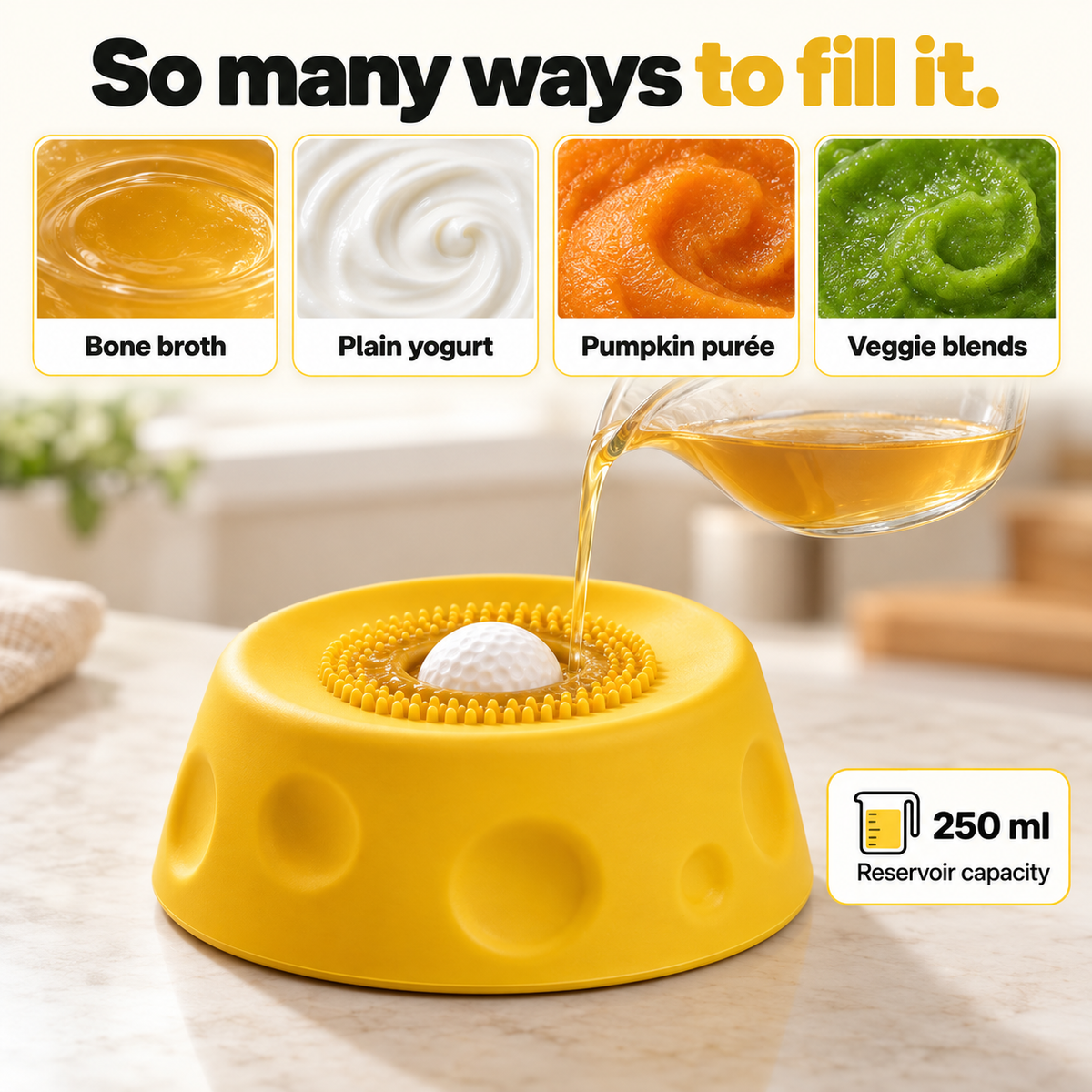 TheraPaw dog enrichment bowl filled with different dog-safe foods